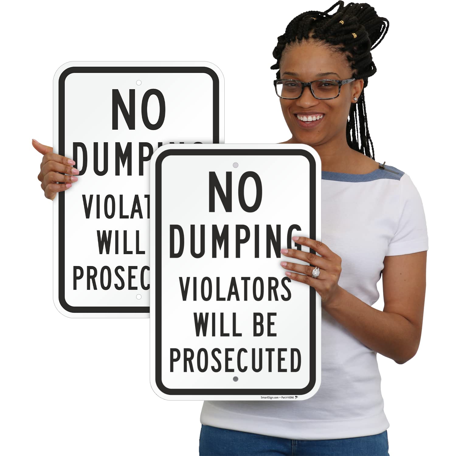 SmartSign No Dumping Violators Will Be Prosecuted Sign - 2 Pack, 18 x 12 inch, 2mm Aluminum Composite, Pre-Drilled Holes, Black and White, Made in USA