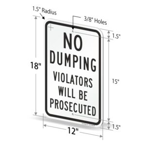 SmartSign No Dumping Violators Will Be Prosecuted Sign - 2 Pack, 18 x 12 inch, 2mm Aluminum Composite, Pre-Drilled Holes, Black and White, Made in USA