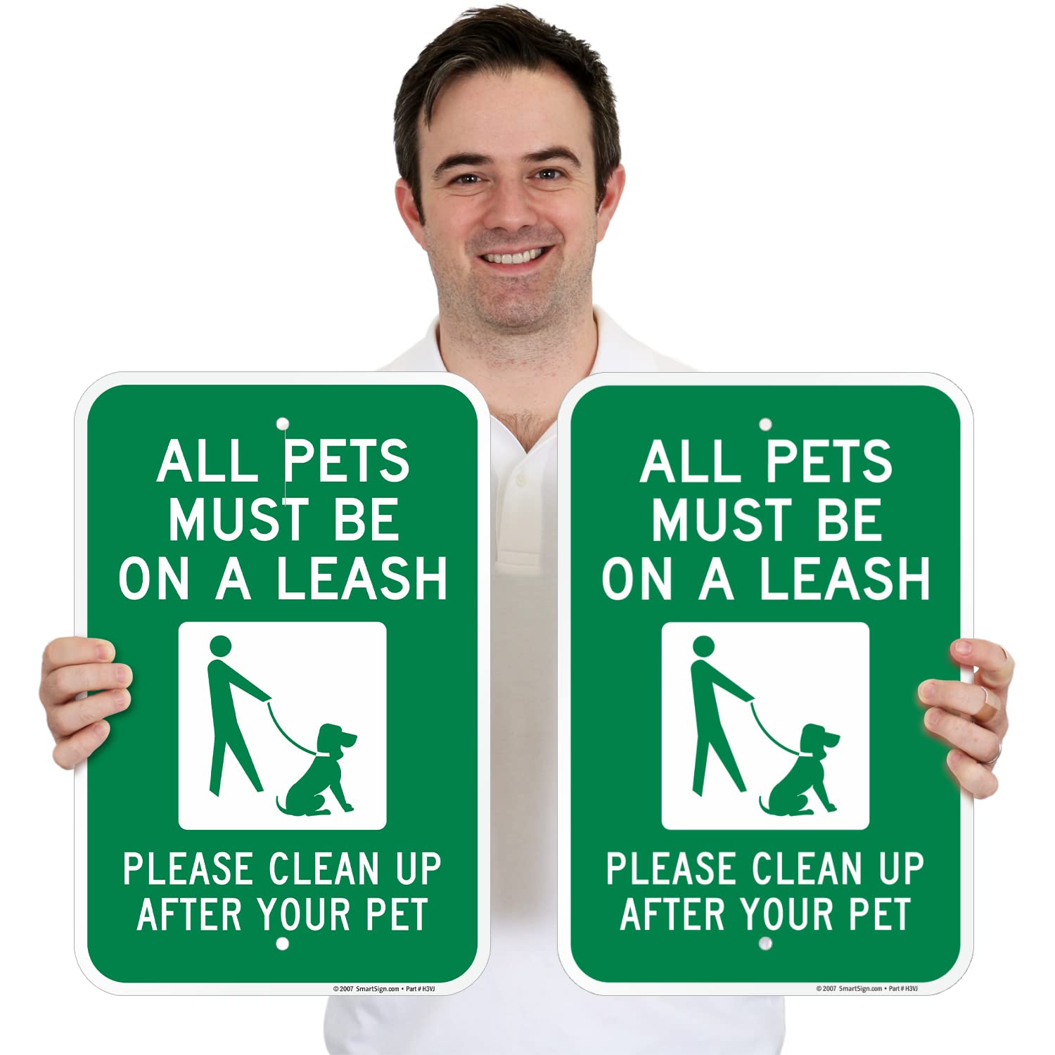 SmartSign All Pets Must Be On Leash Sign - 2 Pack, Please Clean Up After Your Pet Sign, 18 x 12 inch, 2mm Thick Aluminum Composite, Green and White, Made in USA