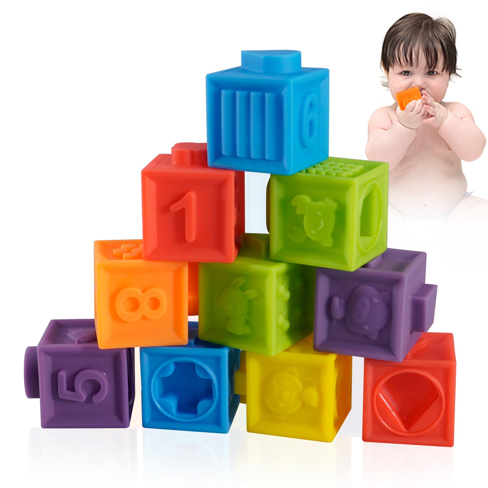 Ganowo 12PCS Mini Soft Stacking Blocks Toys, Educational Squeeze Teeth Baby Toys with Numbers Animals for 6 Months Up Baby Building Blocks Christmas Stocking Stuffers for Baby Toddlers Gifts