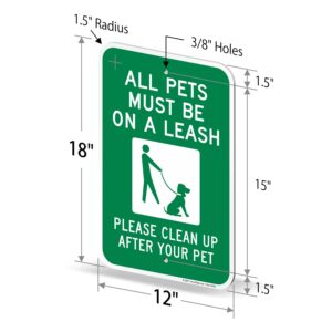 SmartSign All Pets Must Be On Leash Sign - 2 Pack, Please Clean Up After Your Pet Sign, 18 x 12 inch, 2mm Thick Aluminum Composite, Green and White, Made in USA