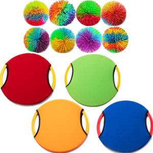 rhyhorn 8 packs of monkey string balls, sizes of 2.7 inches, 7 cm in diameter ,fidget stress balls, rainbow pom bouncing balls and fun party games monkey string koosh balls with 4 x paddles