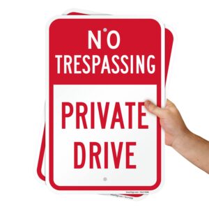 SmartSign No Trespassing Private Drive Sign - 2 Pack, 18 x 12 inch, 2mm Aluminum Composite, Pre-Drilled Holes, Red and White, Made in USA