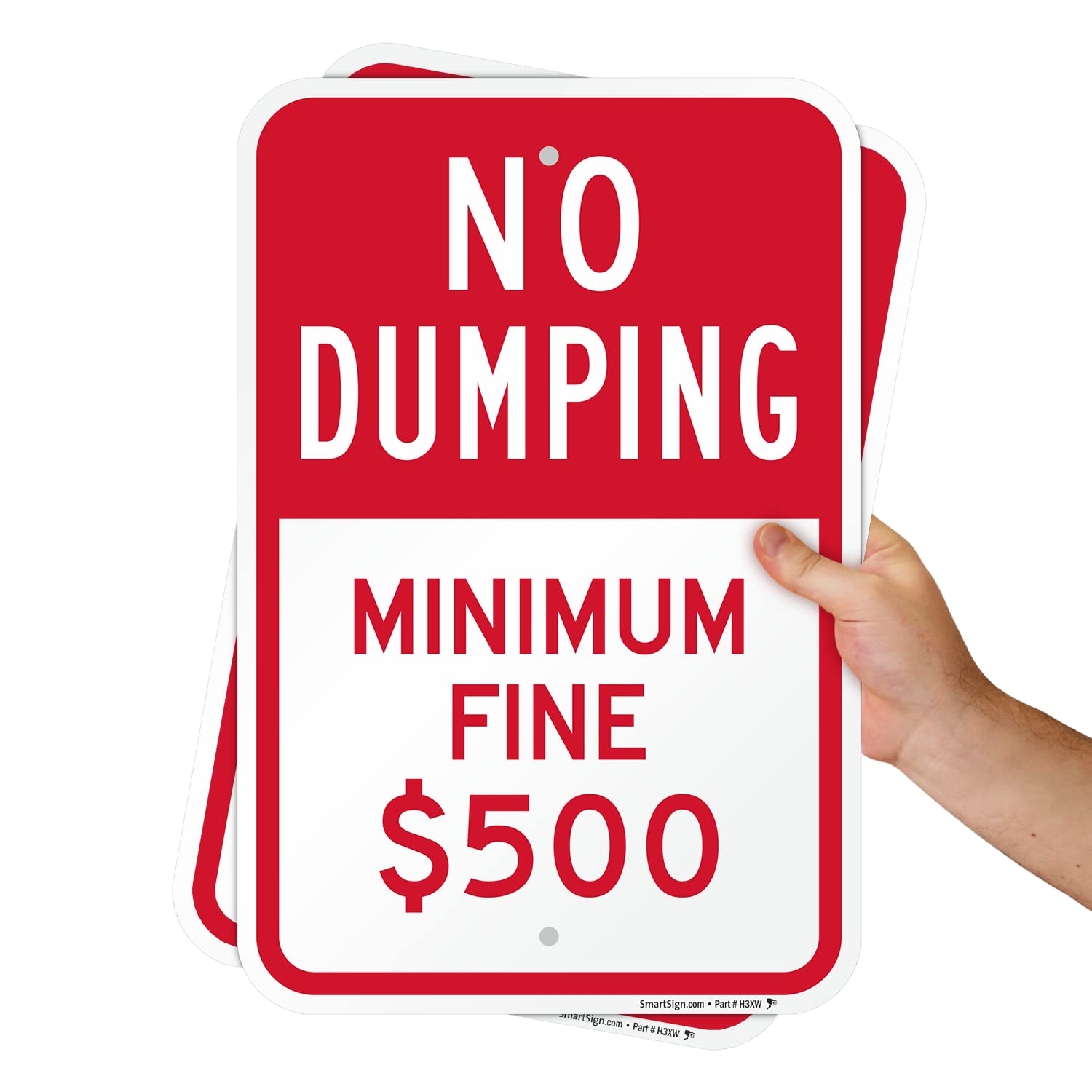 SmartSign No Dumping Minimum Fine 500 Sign - 2 Pack, 18 x 12 inch, 2mm Aluminum Composite, Pre-Drilled Holes, Red and White, Made in USA