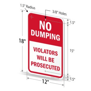 SmartSign No Dumping Violators Will Be Prosecuted Sign - 2 Pack, 18 x 12 inch, 2mm Thick Aluminum Composite, Red/Black on White, Made in USA