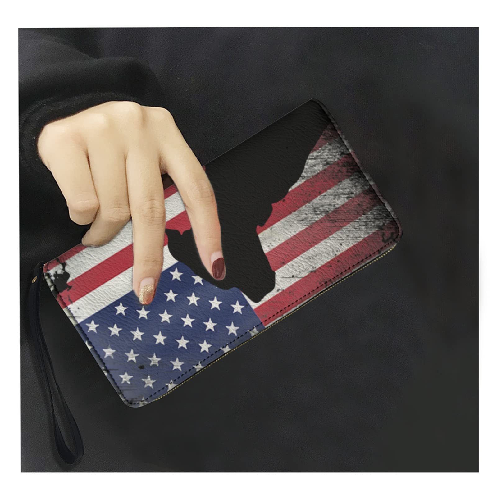 Women Wallet American Pit Bull Terrier USA Flag Printed Zip Around Wallet Clutch Purse Wristlet Wallet Leather Credit Card Holder Ladies Wallet Multicolor One Size