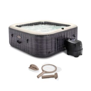 Intex PureSpa Plus Greystone Inflatable Square Outdoor Hot Tub Spa, 74 x 28 with PureSpa Maintenance Accessory Brush, Skimmer, and Scrubber Kit