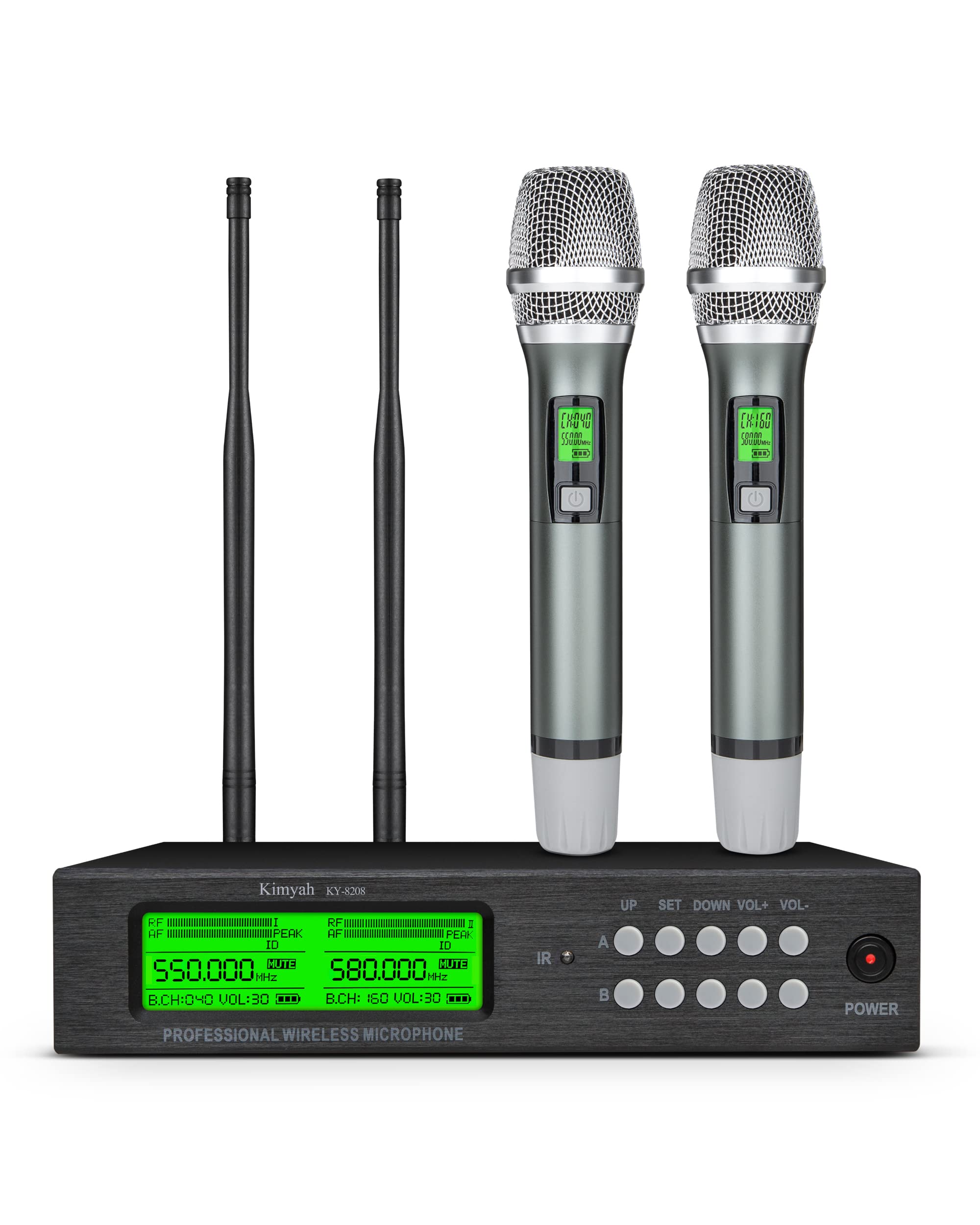 Kimyah Wireless Microphone System, All Metal Dual UHF Cordless Mics of Handheld, 328ft Range, Ideal for Church, Conference and Karaoke, DJ, Wedding(KY-8208)