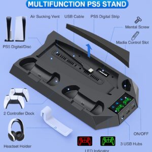 PS5 Stand with Cooling Station PS5 Controller Charging Station for Playstation 5 PS5 Console Edition, PS5 Accessories-Cooler Fan/Remote Charger/Headset Holder(Not Fit 2023 PS5 Slim Disc/Digital)