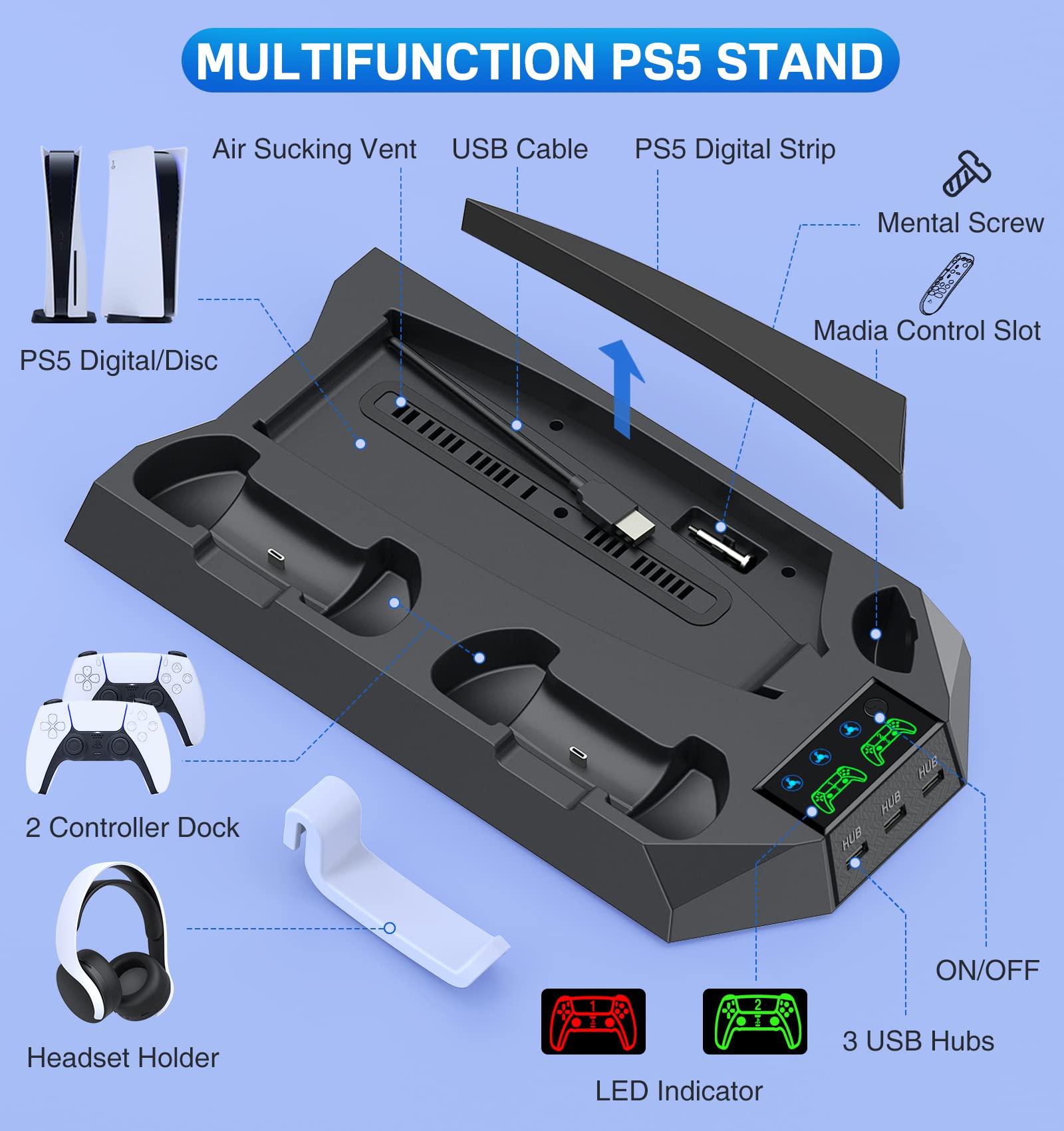 PS5 Stand with Cooling Station PS5 Controller Charging Station for Playstation 5 PS5 Console Edition, PS5 Accessories-Cooler Fan/Remote Charger/Headset Holder(Not Fit 2023 PS5 Slim Disc/Digital)