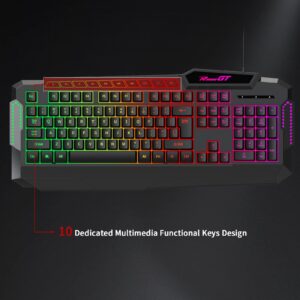 RaceGT Gaming Keyboard,114 Keys Full Size Wired LED Backlit with Dedicated Multimedia Keys Wrist Rest Mechanical Feeling Keybaord Compatible for Computer PC Laptop Xbox