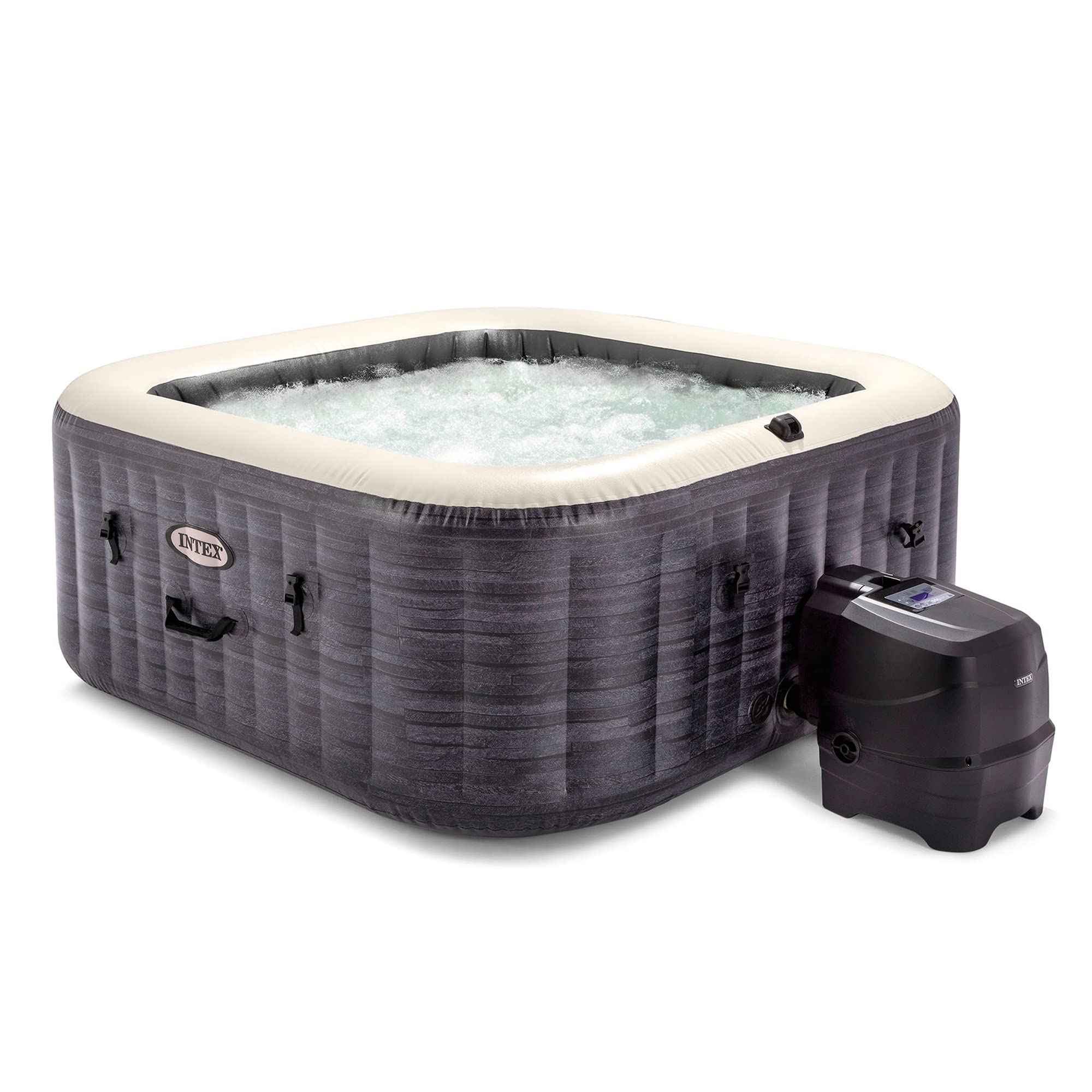 Intex PureSpa Plus Greystone Inflatable Square Outdoor Hot Tub Spa, 83x28" and Tray Attachment Accessory for Mobile Tablet Phones with LED Light Strip