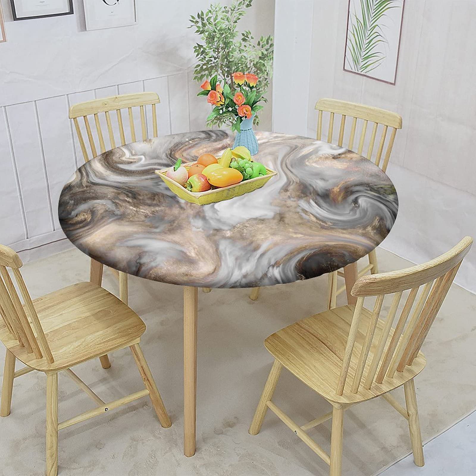 Marble Round Fitted Tablecloth Cover,Retro Style Paintbrush Colors Watercolor Elastic Edged Polyester Fitted Table Cover, Small, Fit Round Tables up 40"-44" Diameter, for Wedding Party Dining Banquet