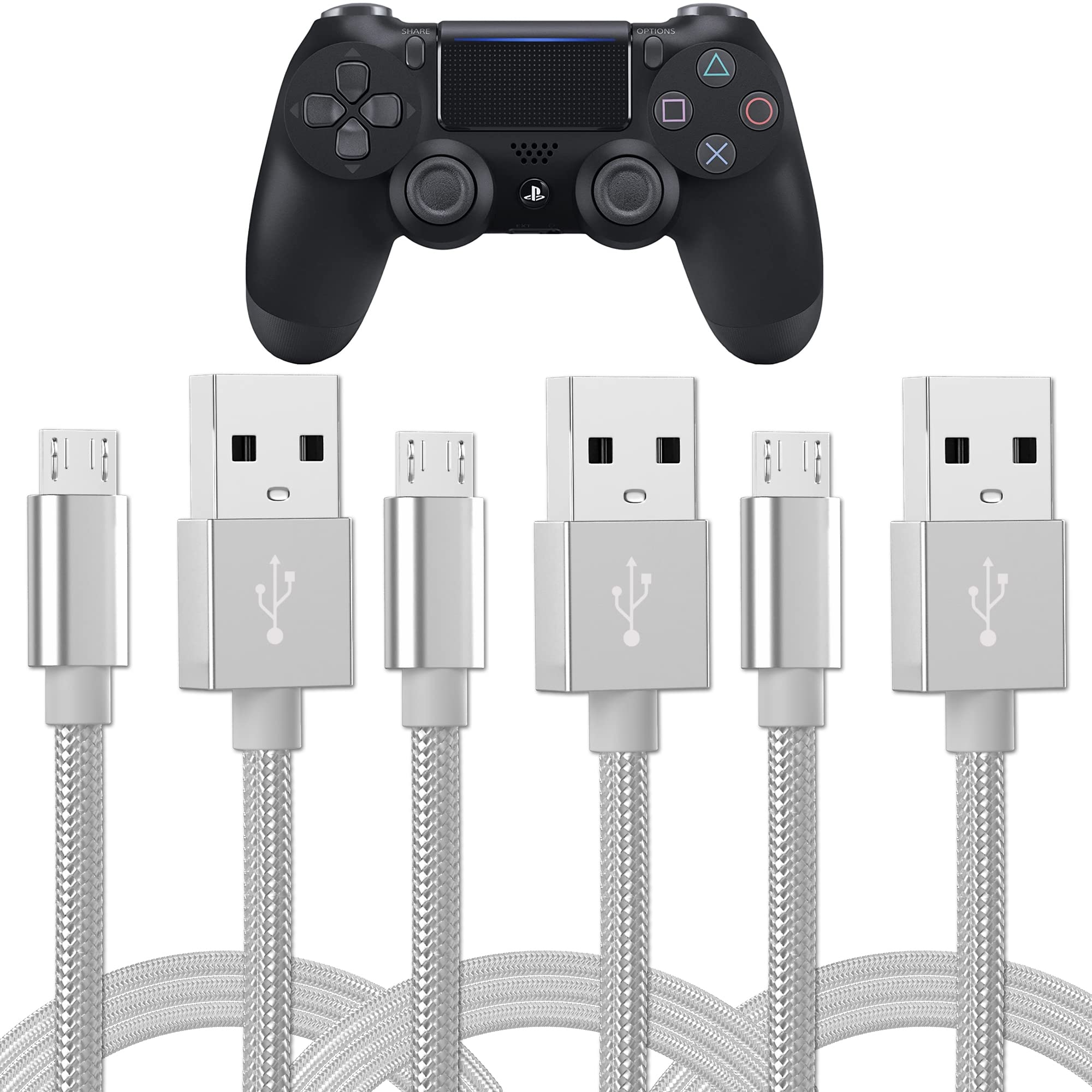 TALK WORKS PlayStation 4 Controller Charging Cable Micro USB - 6' Long Braided Heavy Duty Fast Charger Cord for PS4 (Silver, Pack of 3) (14094)