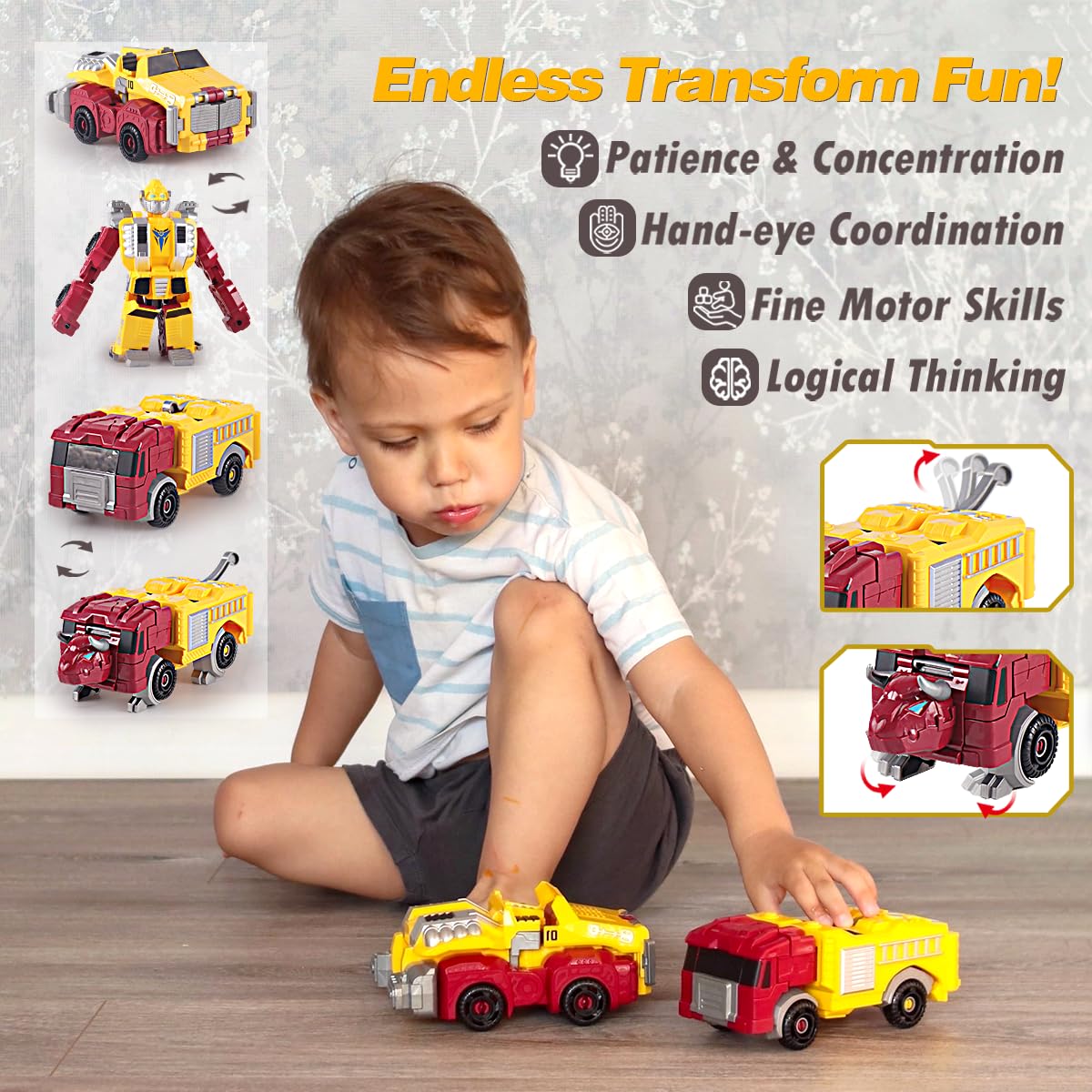 Car Toy for 3 4 5 6 7 Year Boy, Kids Construction Truck Vehicles Robot, Transform into Big Rescue Bot, Magnetic STEM Building Action Figure for Toddlers, Holiday Birthday Gift for Girl (Yellow)