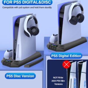 PS5 Stand with Cooling Station PS5 Controller Charging Station for Playstation 5 PS5 Console Edition, PS5 Accessories-Cooler Fan/Remote Charger/Headset Holder(Not Fit 2023 PS5 Slim Disc/Digital)