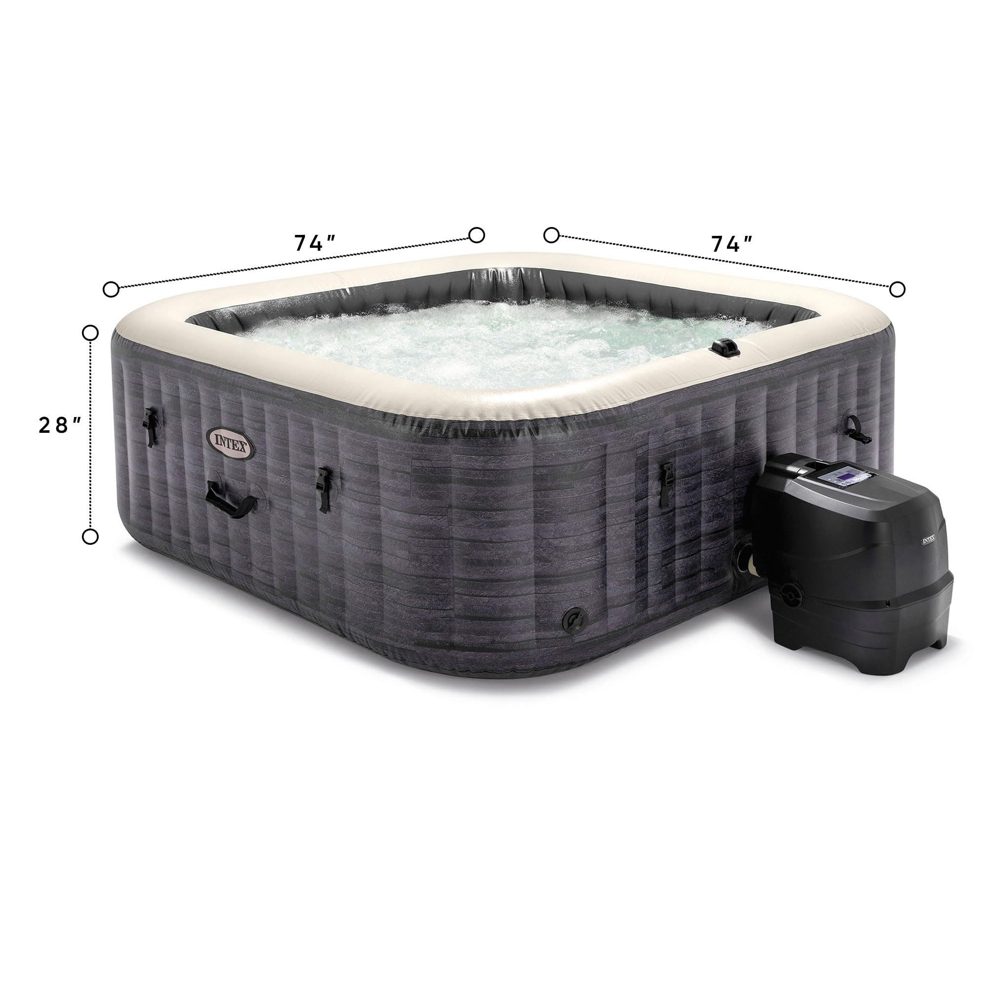 Intex PureSpa Plus Greystone Inflatable Square Outdoor Hot Tub Spa, 74 x 28 with PureSpa Maintenance Accessory Brush, Skimmer, and Scrubber Kit