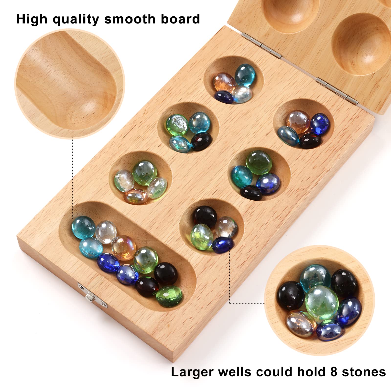 Ceebyfa Mancala Board Game for Kids, Adults & Family. Includes Folding Rubber Wood Board, 48+10 Mancala Stones & Instruction. Classic & Portable Marble Game for Travel.(Natural Color)