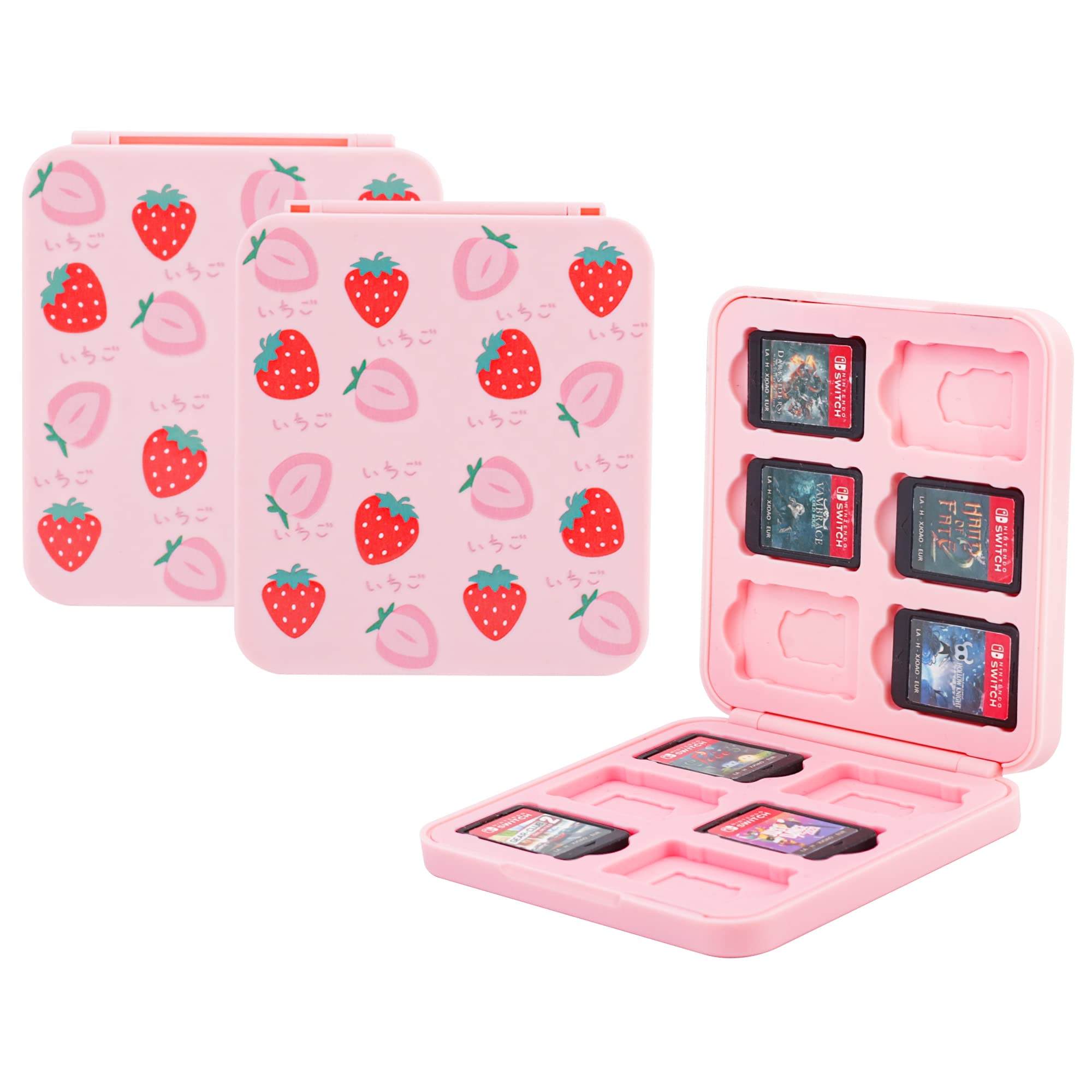 GLDRAM Strawberry Game Case for Nintendo Switch, Pink Game Holder Case for 12 Switch Game Cards and 12 Micro SD Cards, Cute Switch Game Case Storage, Portable Game Accessories Kit for Switch/OLED/Lite