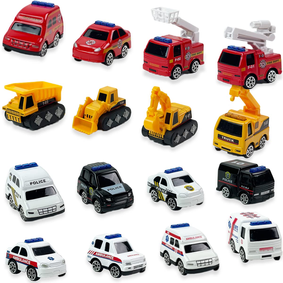 16-Piece Diecast Metal Toy Car Set - Fun Play Trucks with Police, Construction, Ambulance & Firetruck Vehicles in 4 Storage Tubes - Perfect for Party Favors & Kids