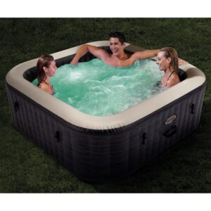 Intex PureSpa Plus Greystone Inflatable Square Outdoor Hot Tub Spa, 74 x 28 with PureSpa Maintenance Accessory Brush, Skimmer, and Scrubber Kit