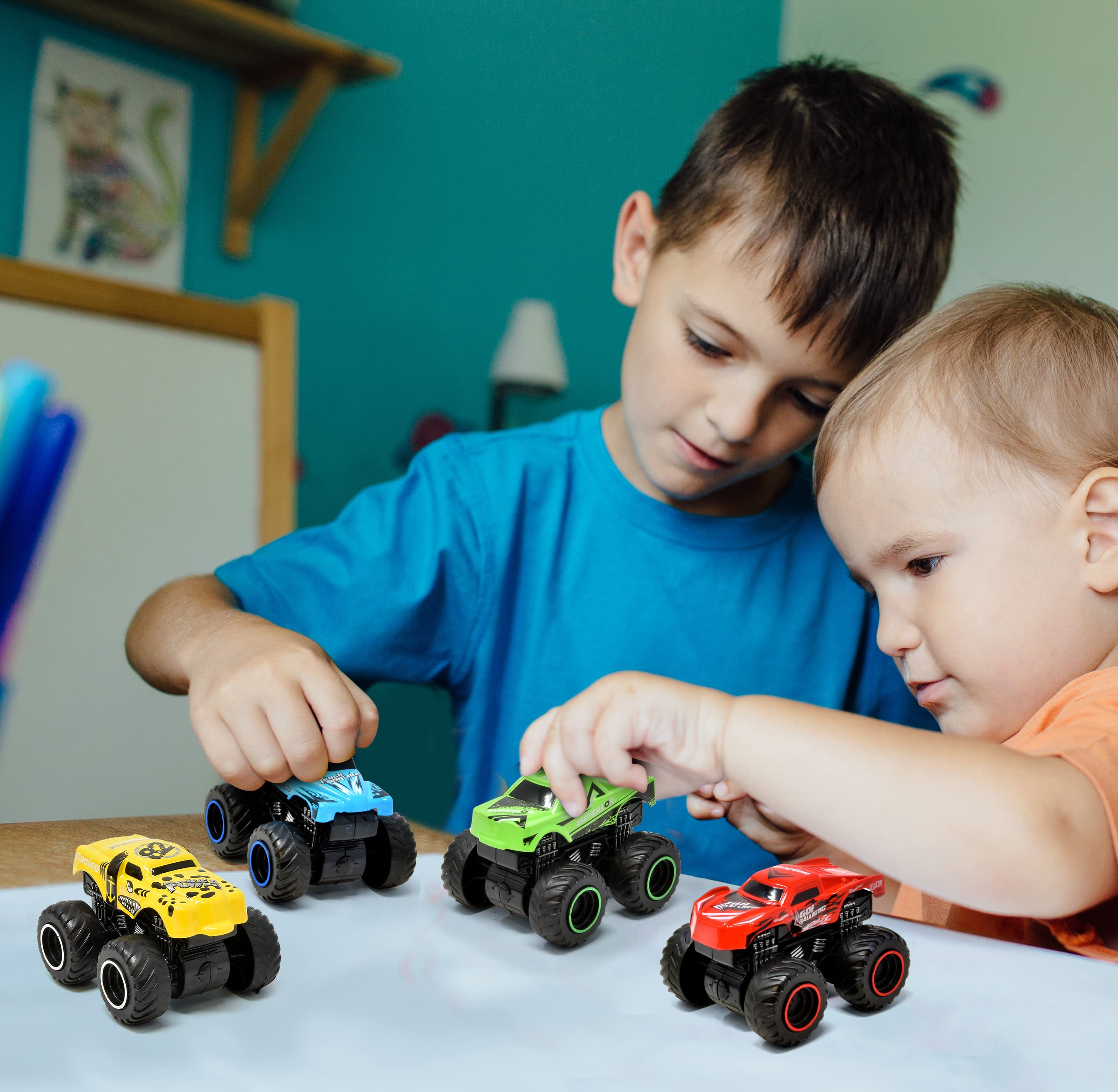 Number 1 In Service Monster Trucks for Boys Inertia Powered 4 Wheels Diecast Mini Vehicle Set Push and Go Small Toy Cars 4 Pack for Toddlers and Kids for Age 3 4 5 6 7 Years