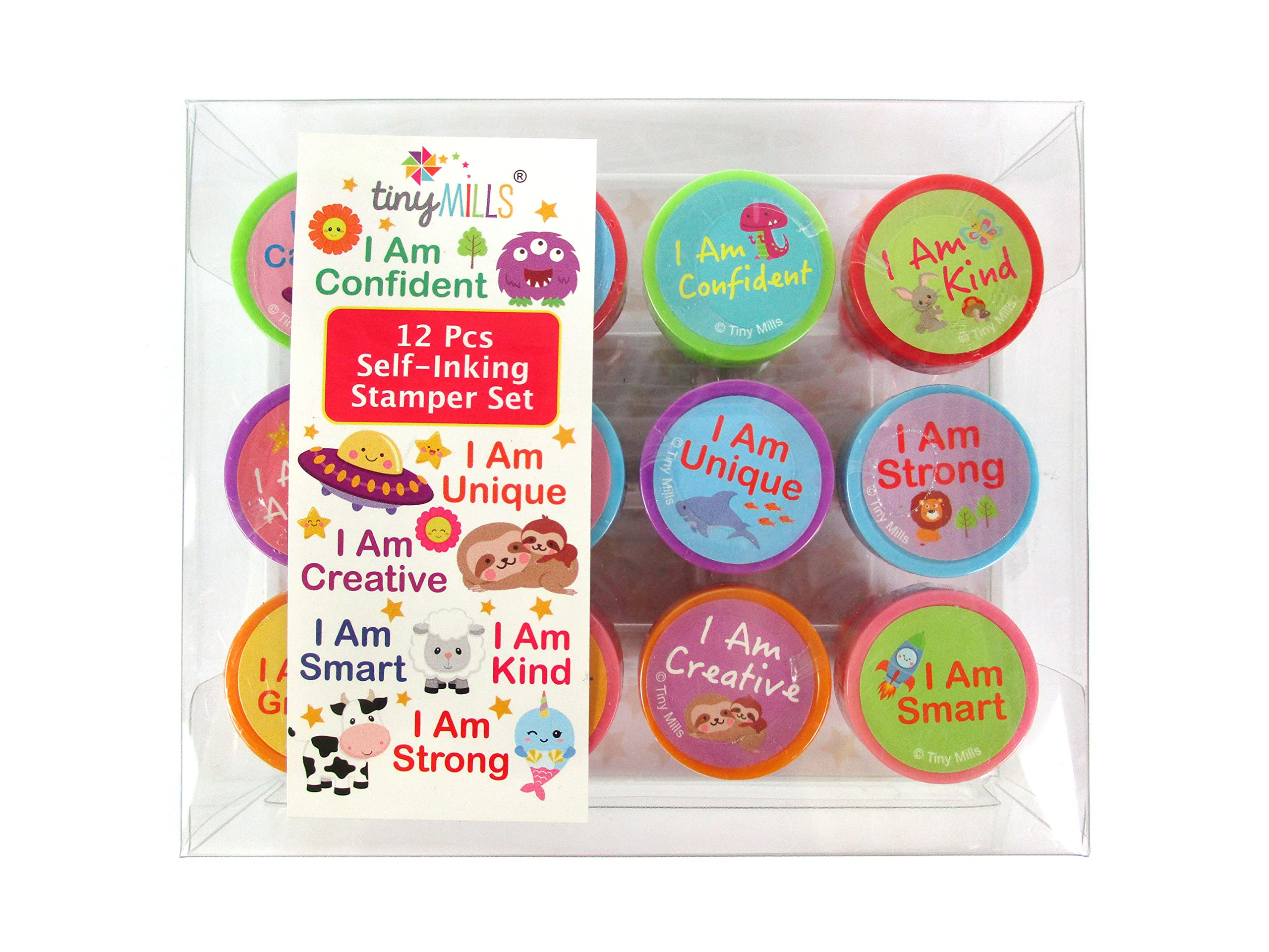 TINYMILLS 12 Pcs Positive Affirmation Stamp Kit for Kids - Positive Mindfulness Self Inking Stamps Gift Party Favors