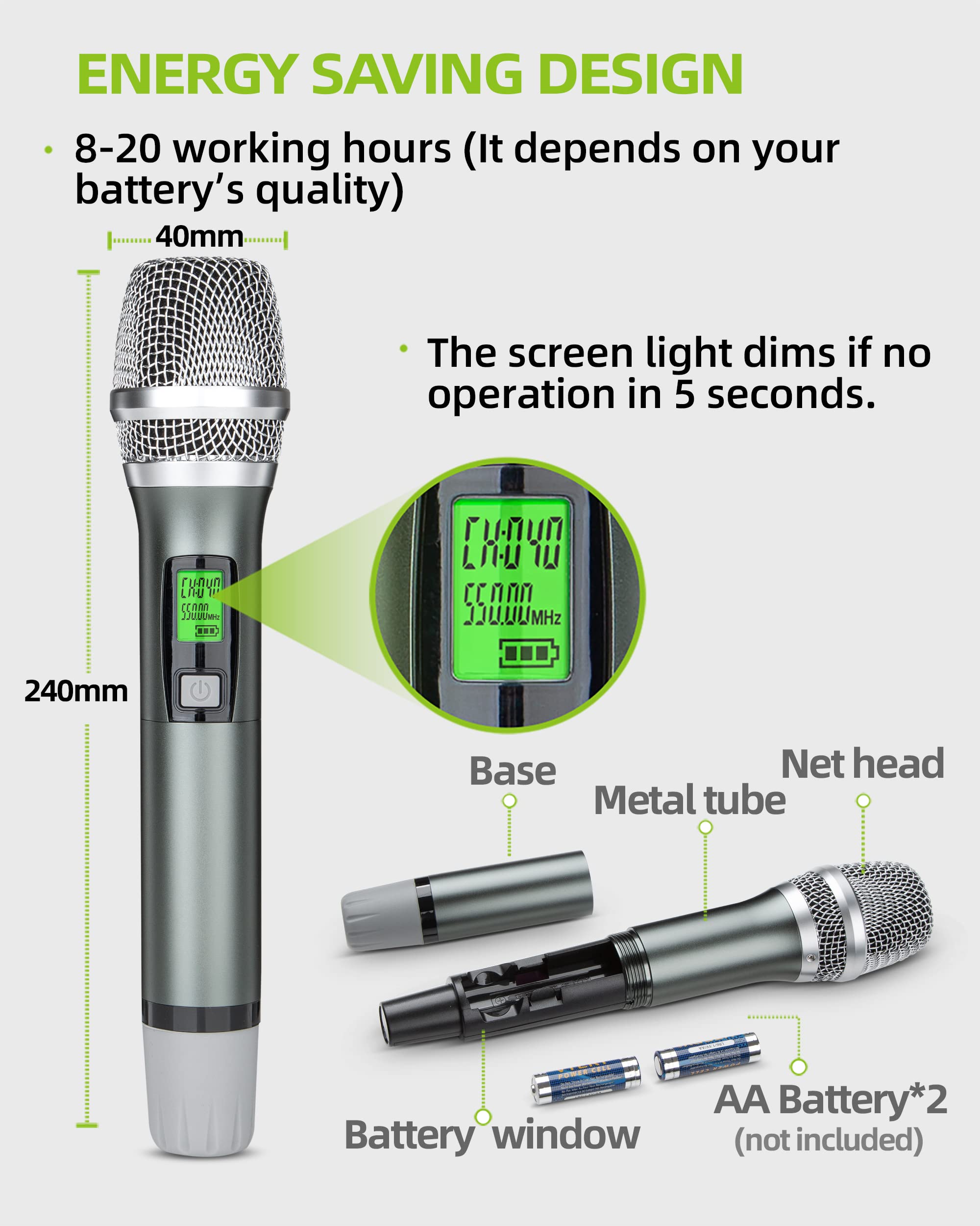 Kimyah Wireless Microphone System, All Metal Dual UHF Cordless Mics of Handheld, 328ft Range, Ideal for Church, Conference and Karaoke, DJ, Wedding(KY-8208)