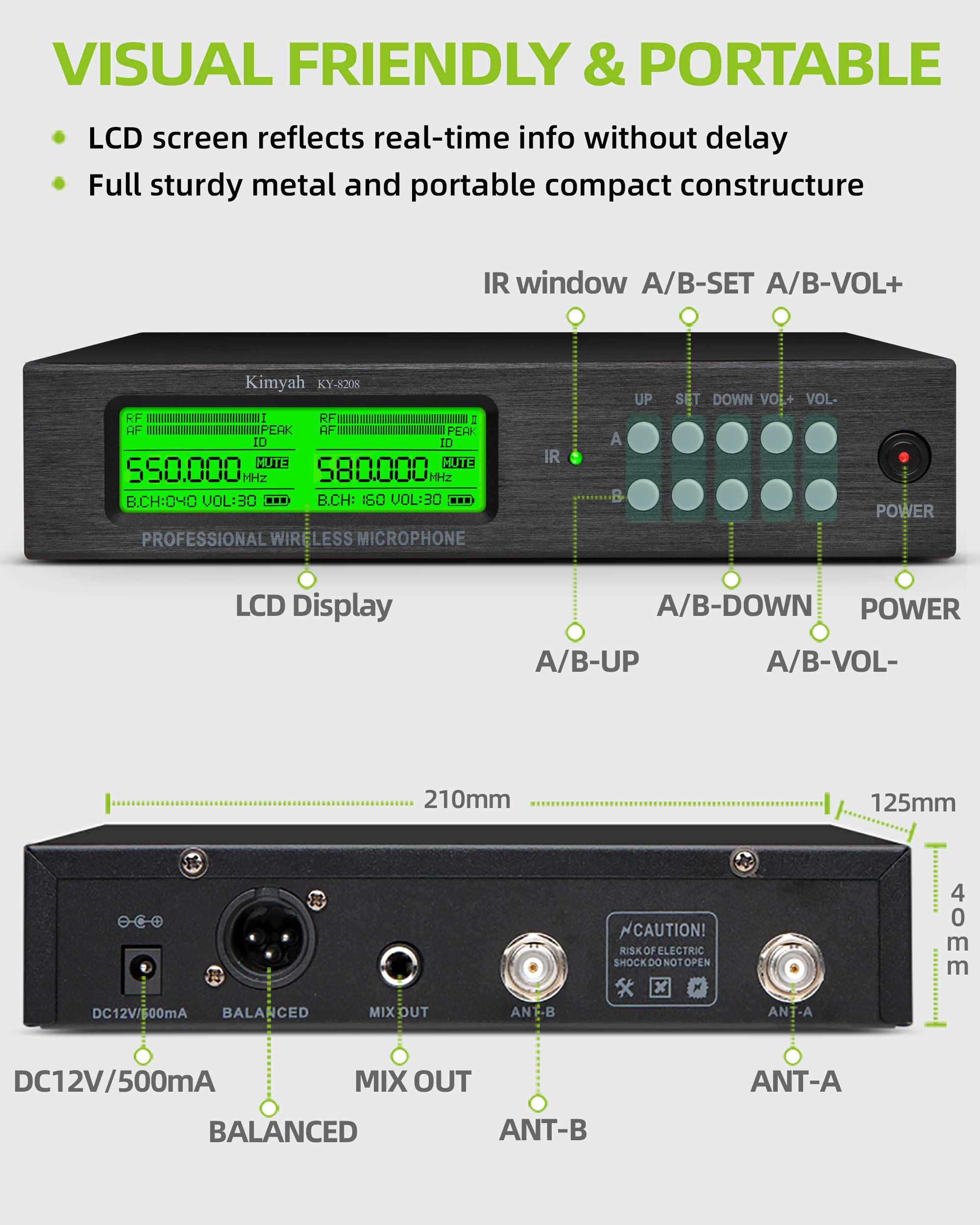 Kimyah Wireless Microphone System, All Metal Dual UHF Cordless Mics of Handheld, 328ft Range, Ideal for Church, Conference and Karaoke, DJ, Wedding(KY-8208)