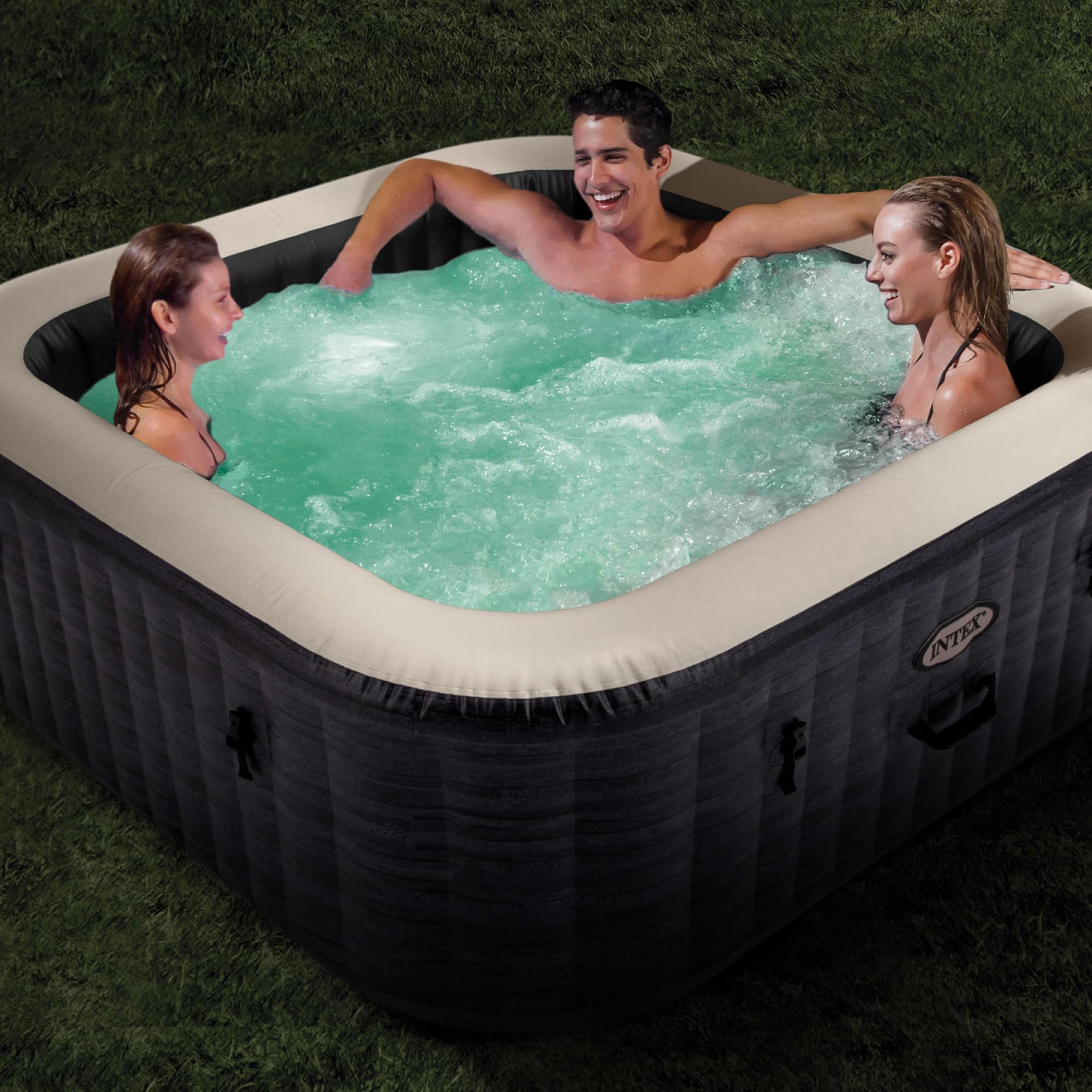 Intex PureSpa Plus Greystone Inflatable Square Outdoor Hot Tub Spa, 83x28" and Tray Attachment Accessory for Mobile Tablet Phones with LED Light Strip