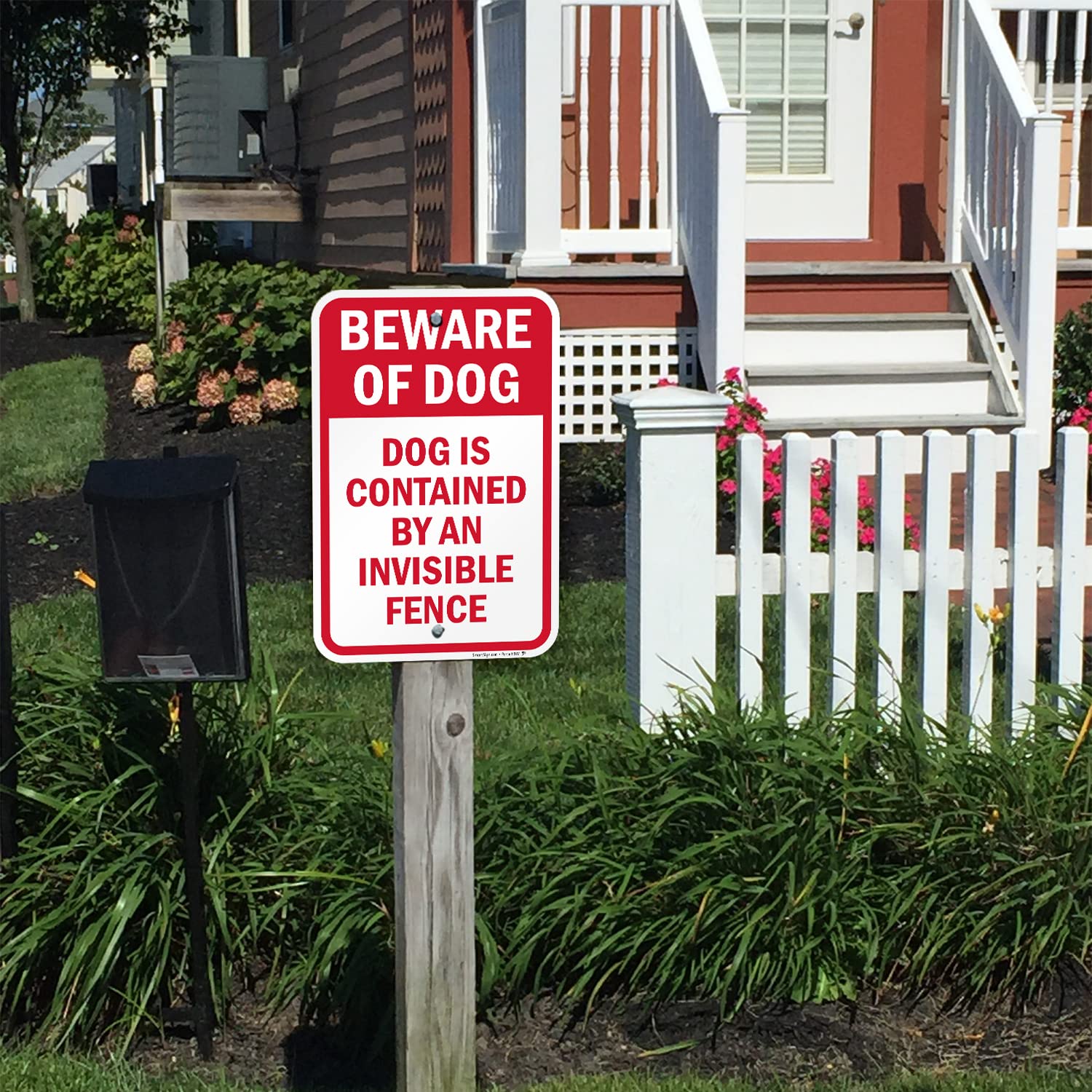 SmartSign Dog Contained By Invisible Fence Sign - 2 Pack, Beware Of Dog Sign, 18 x 12 inch, 2mm Aluminum Composite, Red and White, Made in USA