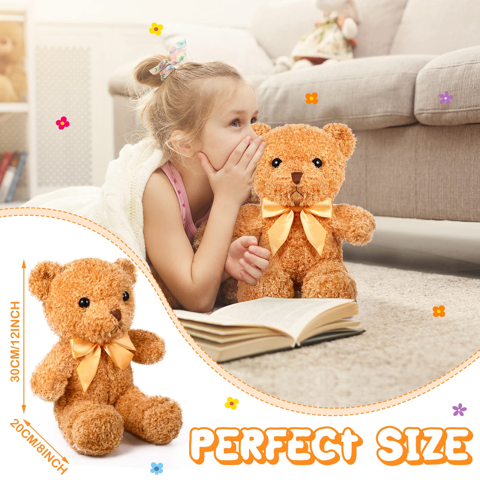 HyDren 12 Pack 12 Inch Bear Stuffed Animal Bulk Cute Plush Bear Toys with Ribbon Bow Ties Soft Fluffy Bears for Women Girls Baby Shower Birthday Party Favors(Light Brown)