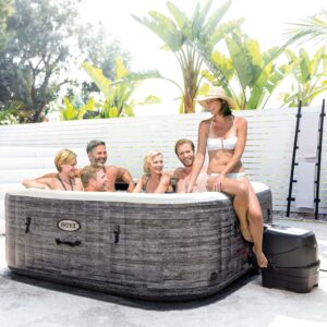 Intex PureSpa Plus Greystone Inflatable Square Outdoor Hot Tub Spa, 74 x 28 with PureSpa Maintenance Accessory Brush, Skimmer, and Scrubber Kit