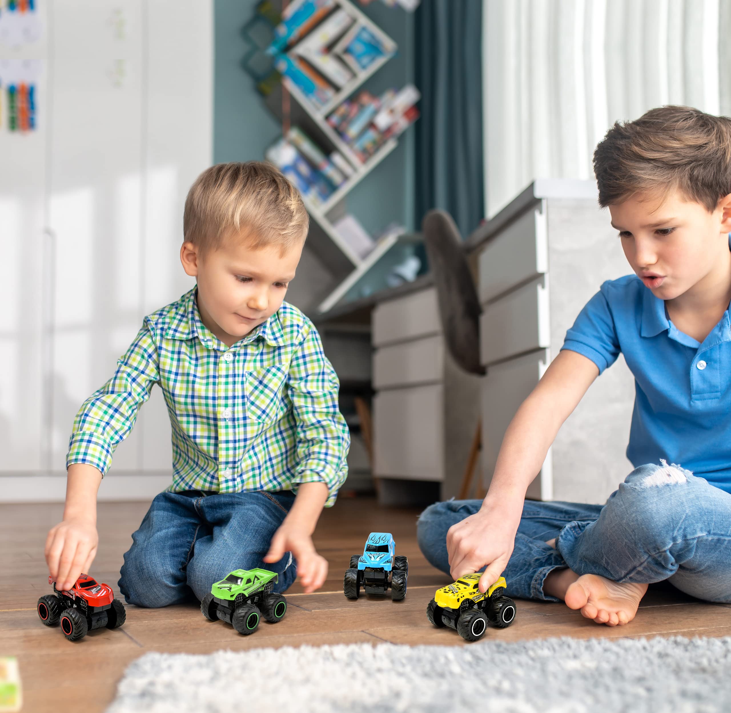 Number 1 In Service Monster Trucks for Boys Inertia Powered 4 Wheels Diecast Mini Vehicle Set Push and Go Small Toy Cars 4 Pack for Toddlers and Kids for Age 3 4 5 6 7 Years