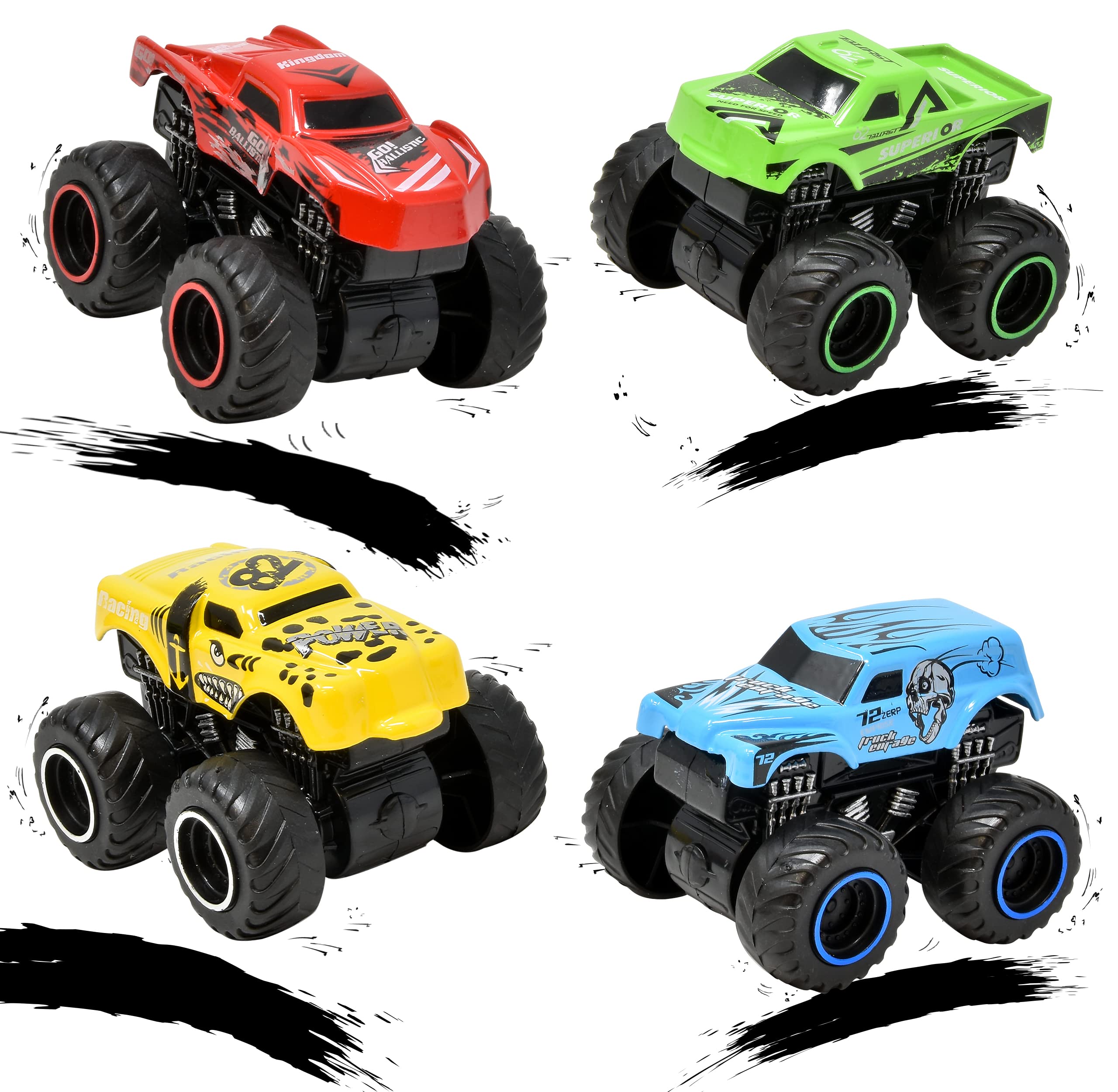 Number 1 In Service Monster Trucks for Boys Inertia Powered 4 Wheels Diecast Mini Vehicle Set Push and Go Small Toy Cars 4 Pack for Toddlers and Kids for Age 3 4 5 6 7 Years