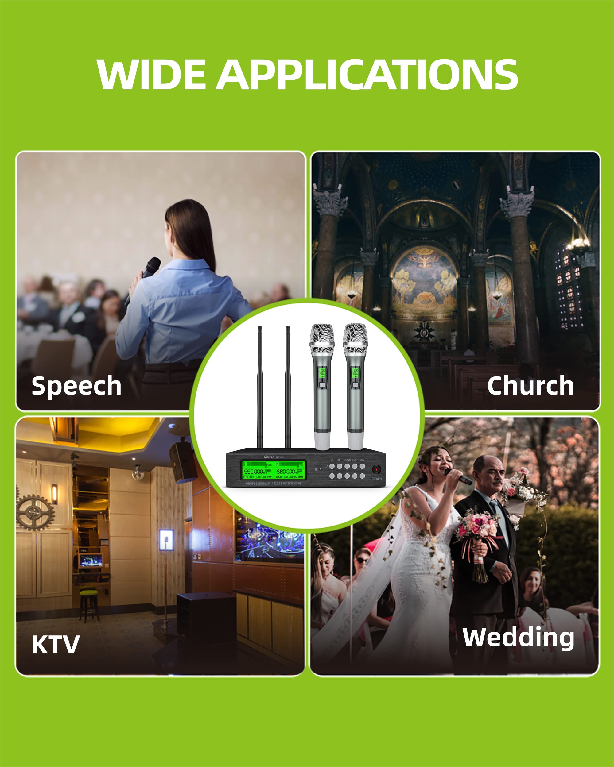 Kimyah Wireless Microphone System, All Metal Dual UHF Cordless Mics of Handheld, 328ft Range, Ideal for Church, Conference and Karaoke, DJ, Wedding(KY-8208)