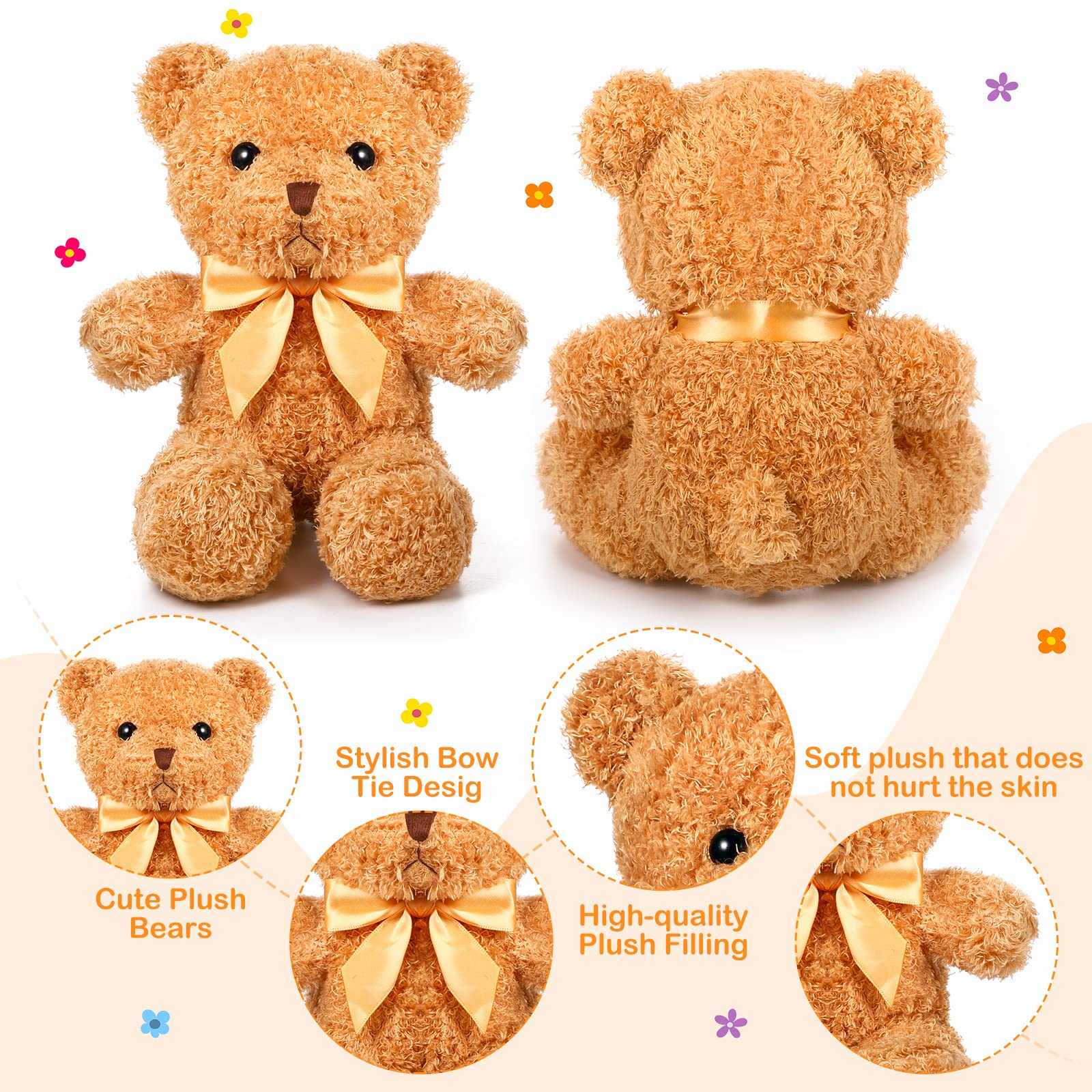 HyDren 12 Pack 12 Inch Bear Stuffed Animal Bulk Cute Plush Bear Toys with Ribbon Bow Ties Soft Fluffy Bears for Women Girls Baby Shower Birthday Party Favors(Light Brown)