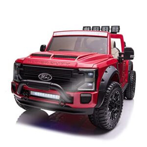 2024 ford f450 two (2) seater 24v ride on kids car truck w/remote | large 24v battery licensed kid car to drive 3 speeds, leather seat, mp3 music by bluetooth, fm radio, rubber tires