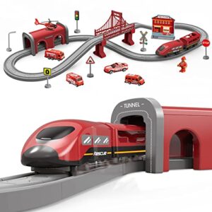 Train Sets for Boys 4-7, 66 Pcs Battery Operated Train Set with Tracks(Magnetic Connection), Compatible with Thomas, Brio, Chuggington, Gifts for 3 4 5 6 Years Old (66pcs Fire Truck)