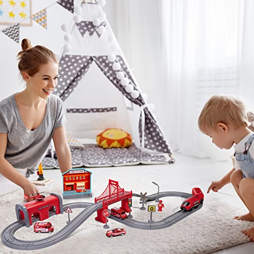 Train Sets for Boys 4-7, 66 Pcs Battery Operated Train Set with Tracks(Magnetic Connection), Compatible with Thomas, Brio, Chuggington, Gifts for 3 4 5 6 Years Old (66pcs Fire Truck)