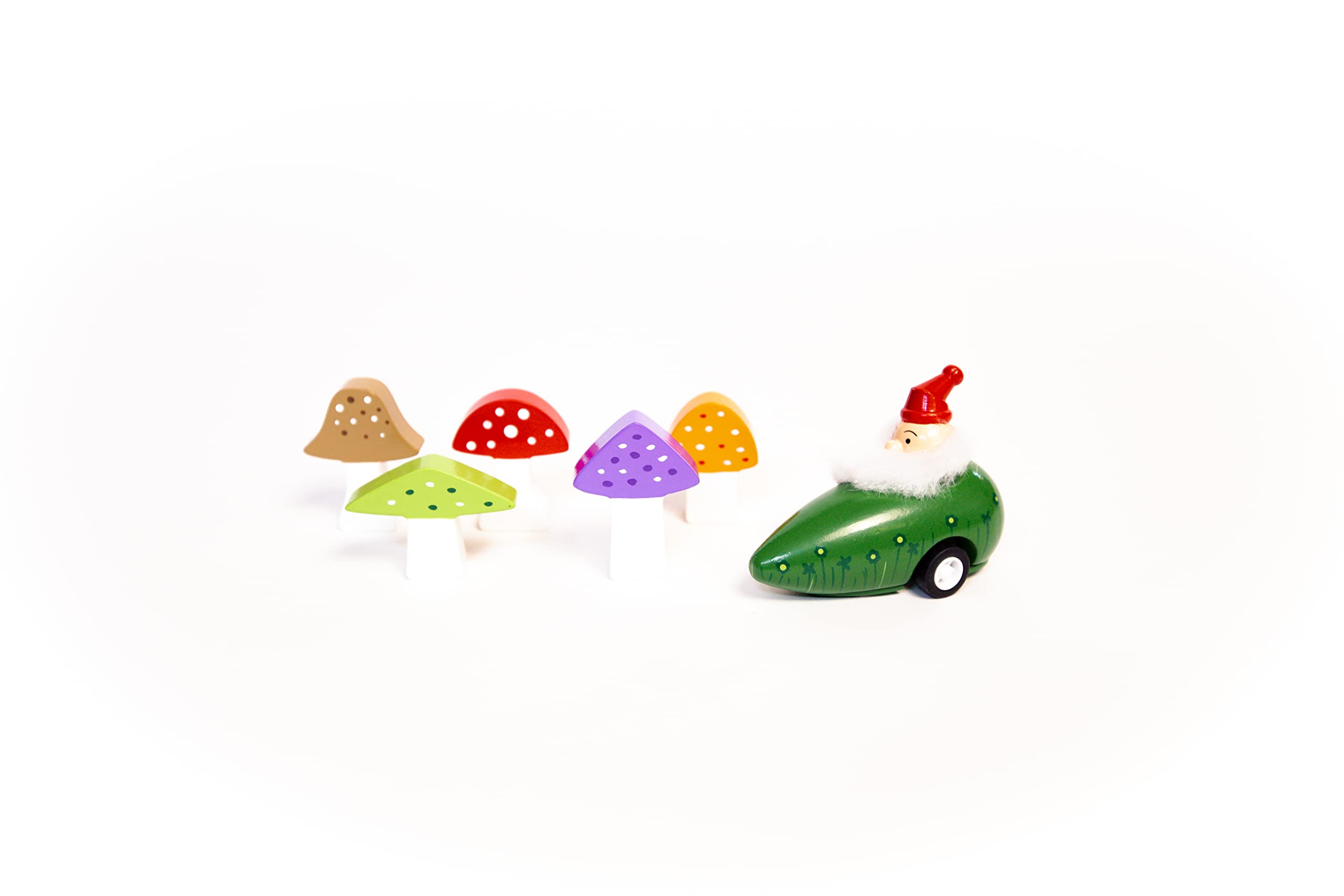 Gnome and Mushroom 6 Piece Bowling Game by Jack Rabbit Creations – Pull-Back Car and Garden Mushroom Stacking Pins – Classic Wooden Toy – Develops Hand Eye Coordination & Motor Skills - Ages 3+ Years