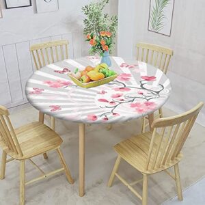 Nature Round Fitted Tablecloth with Elastic Edge,Cherry Blooming Butterflies on Stripes Print Polyester Table Cloth, XXLarge, Fit Round Tables up 65"-71" Diameter, for Kitchen Dining Party Holiday