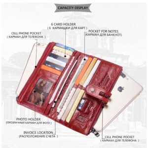 Contacts Womens Clutch Wallet Leather Checkbook Purse for Women Bifold Long Zipper Wallet Phone Card Holder (Red)