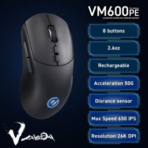 ELECOM V Custom VM600PE Wireless Gaming Mouse, 26K DPI Optical Sensor, 75g Ultra Lightweight, RGB LED, Rechargeable 95 Hr Battery Life, 8 Programmable Buttons, 100 Million Clicks, Grip Tape (Black)