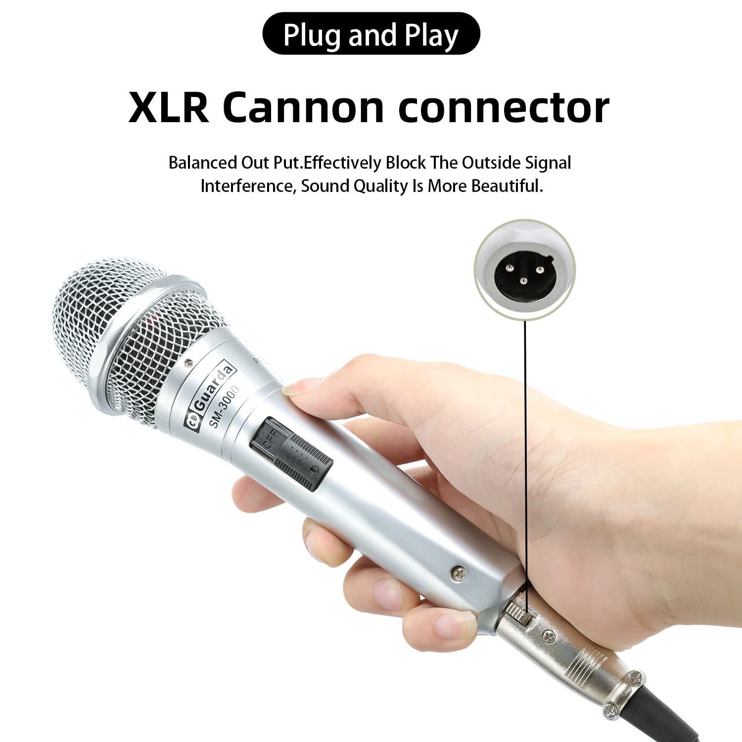 Guarda Cardioid Dynamic Vocal Microphone with 26.3ft XLR Cable, Metal Handheld Mic Compatible Karaoke Machine/Speaker/Amp/Mixer for Karaoke Singing, Speech, On/Off Switch (SM-3000)