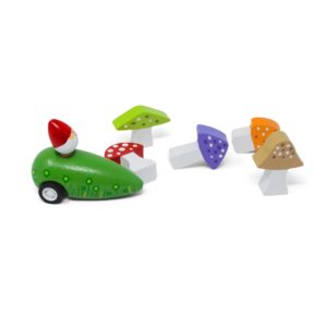 Gnome and Mushroom 6 Piece Bowling Game by Jack Rabbit Creations – Pull-Back Car and Garden Mushroom Stacking Pins – Classic Wooden Toy – Develops Hand Eye Coordination & Motor Skills - Ages 3+ Years