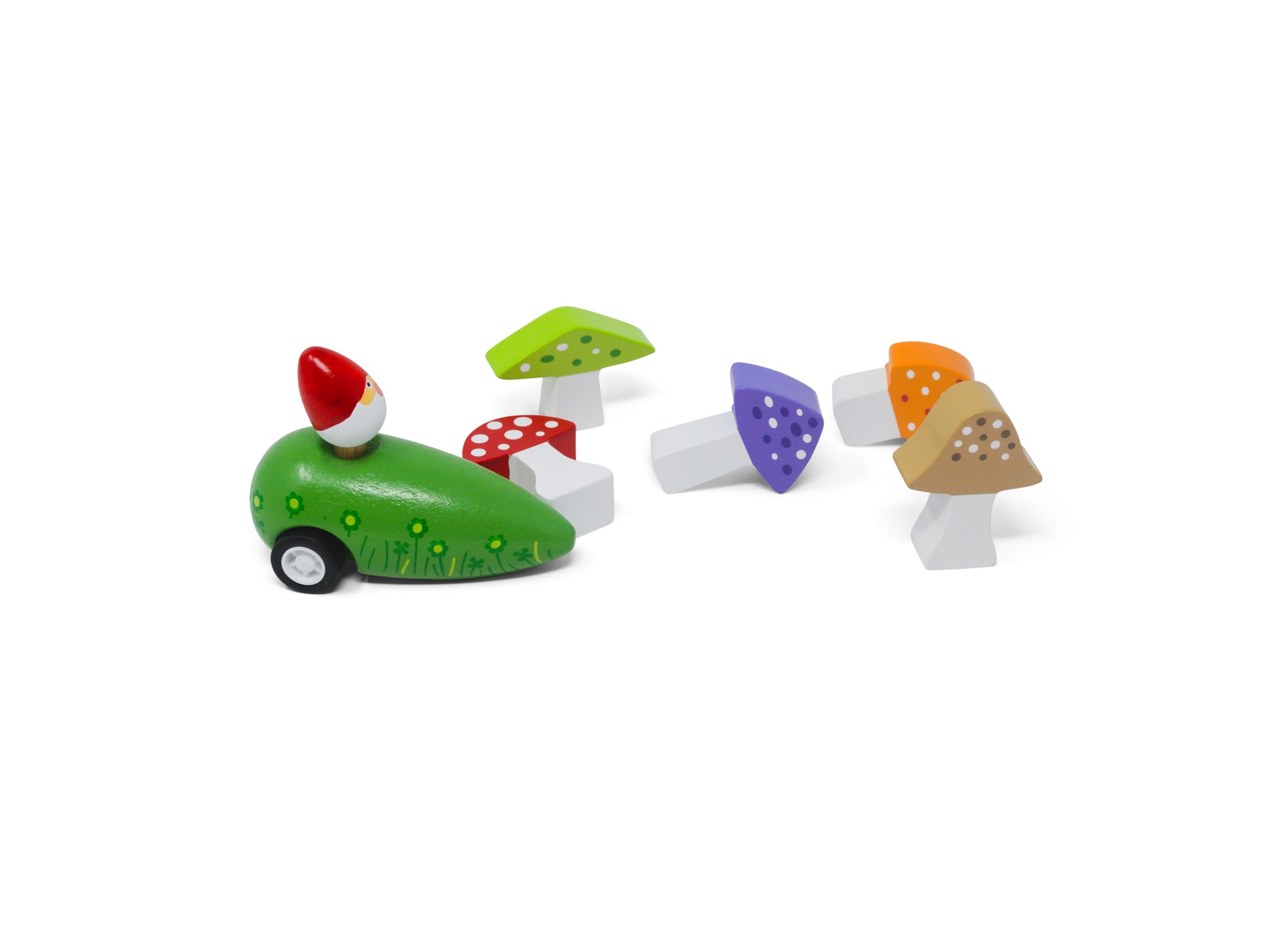 Gnome and Mushroom 6 Piece Bowling Game by Jack Rabbit Creations – Pull-Back Car and Garden Mushroom Stacking Pins – Classic Wooden Toy – Develops Hand Eye Coordination & Motor Skills - Ages 3+ Years