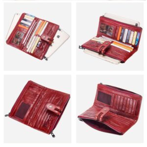 Contacts Womens Clutch Wallet Leather Checkbook Purse for Women Bifold Long Zipper Wallet Phone Card Holder (Red)