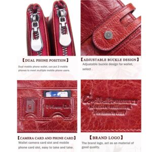 Contacts Womens Clutch Wallet Leather Checkbook Purse for Women Bifold Long Zipper Wallet Phone Card Holder (Red)