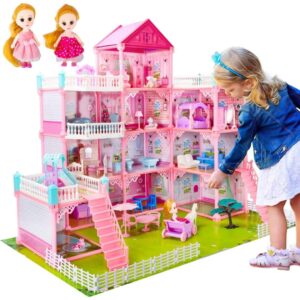 UNIH Doll House Girls Toys,4-Story 11 Rooms Playhouse with 2 Dolls Toy Figures with Light,Accessories, Furniture Pretend Play Toys for 3 4 5 6 7 Year Old Girls